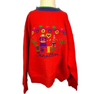 Vtg Benetton Sweater Kids red Embroidered Folk Motif Wool Girls Colorful